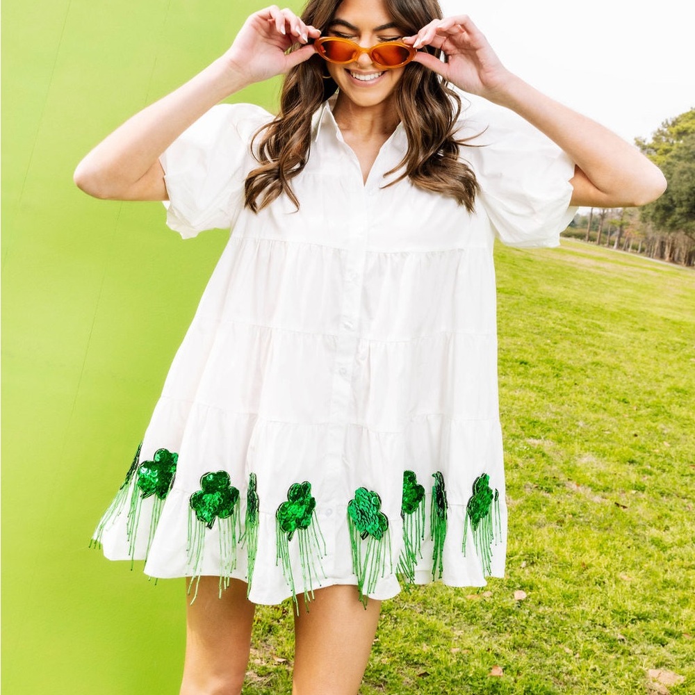 QUEEN OF SPARKLES White Mini Dress with Green Sequin Clover Trim